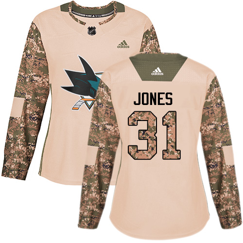 Adidas Sharks #31 Martin Jones Camo Authentic Veterans Day Women's Stitched NHL Jersey